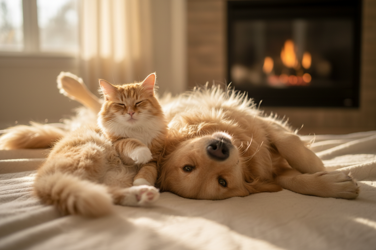 cat and dog happy showing belly for belly rubs