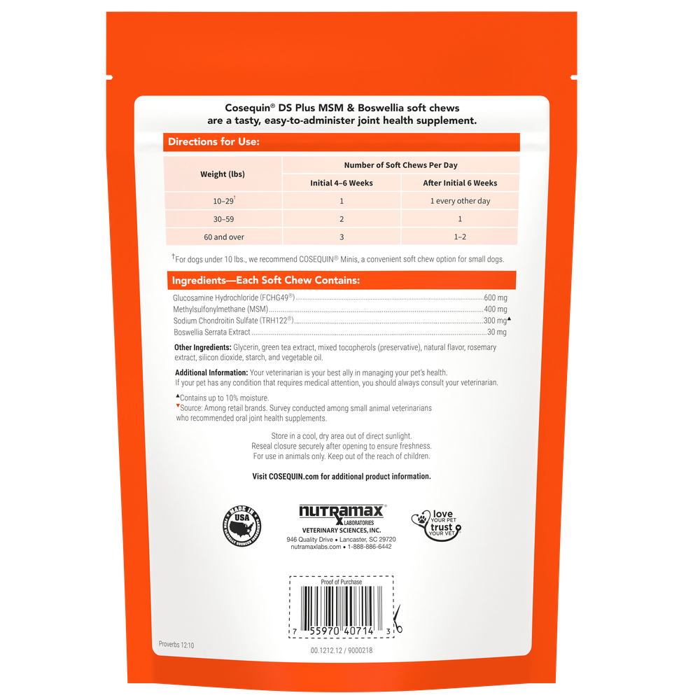 Nutramax Cosequin DS Plus MSM & Boswellia Professional Line for Dogs, 60ct Soft Chews